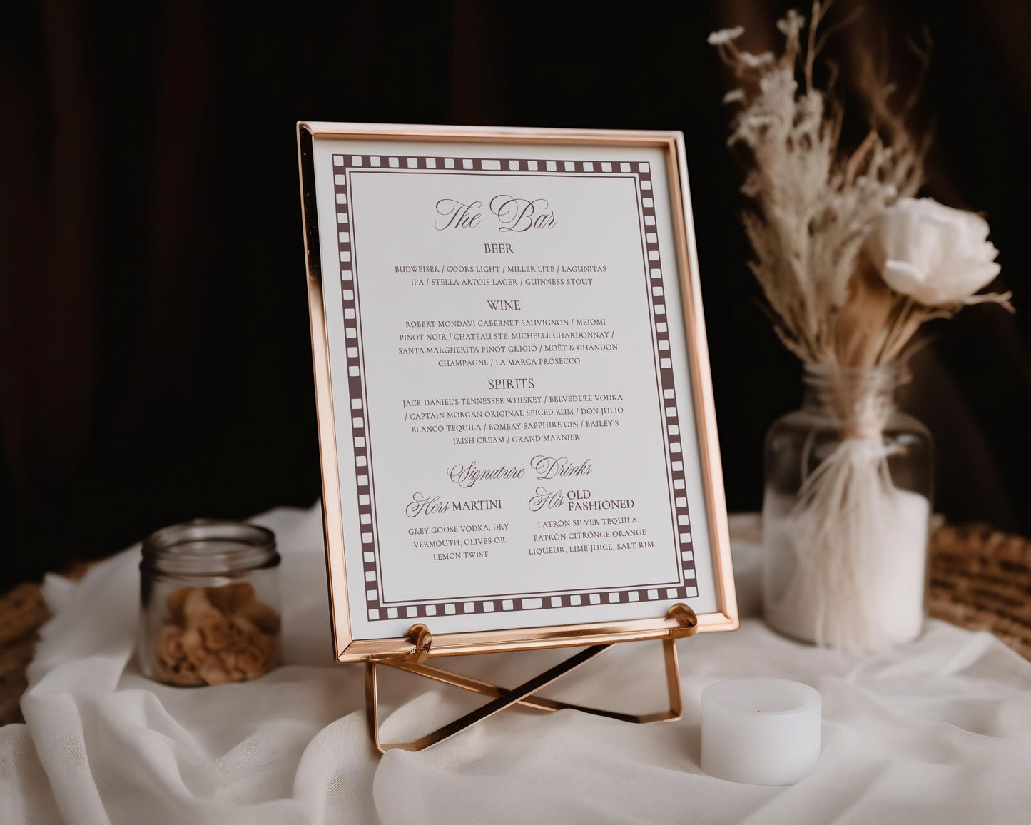 Brown Harlequin Pattern Striped Bar Menu Sign Template, Checkered Old Money Luxury Ceremony Black and White Wedding Reception WP1098