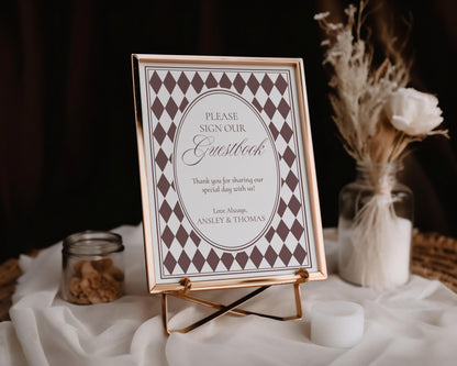 Brown Harlequin Pattern Guestbook Sign Template, Checkered Old Money Luxury Ceremony Black and White Wedding Reception WP1098