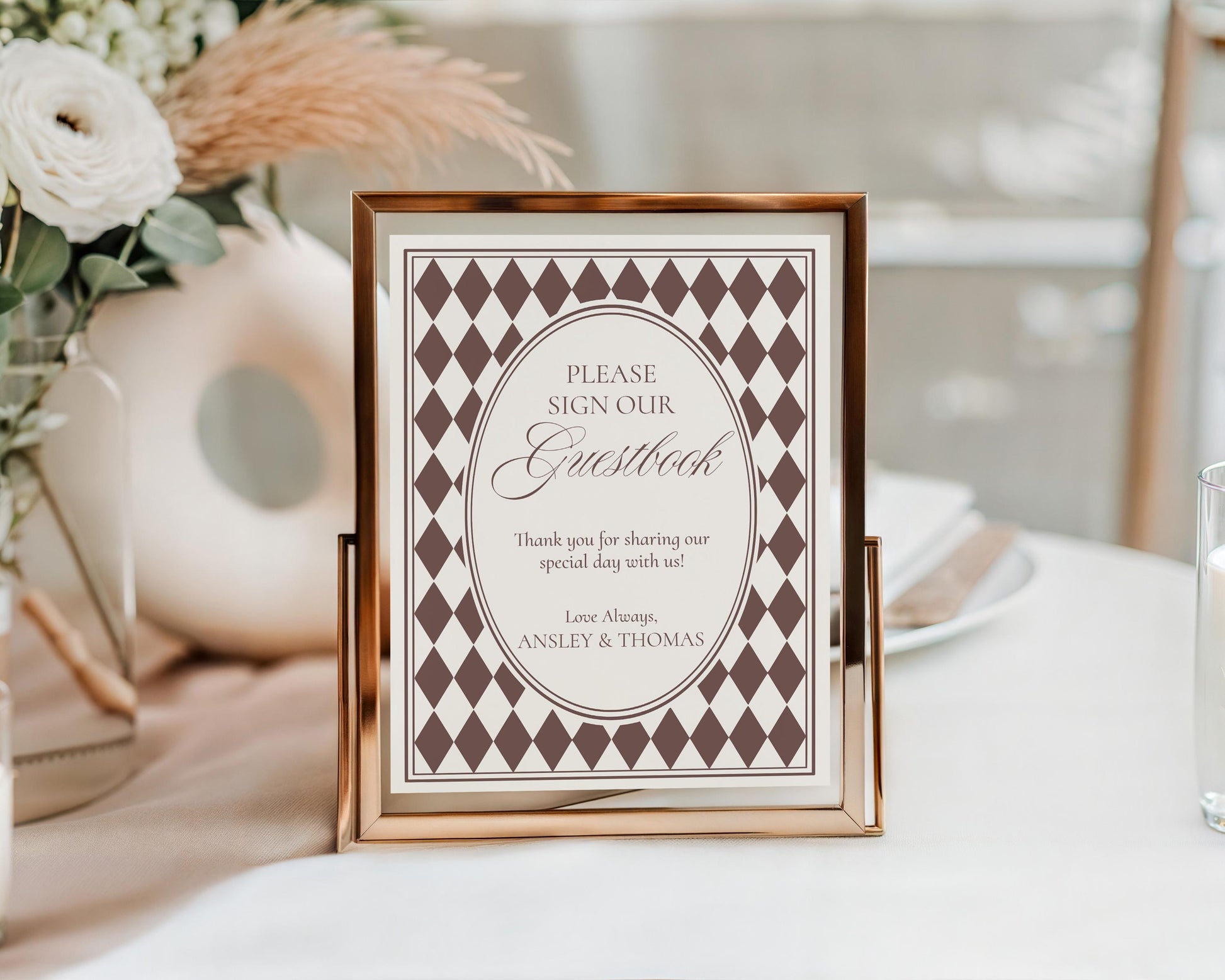 Brown Harlequin Pattern Guestbook Sign Template, Checkered Old Money Luxury Ceremony Black and White Wedding Reception WP1098
