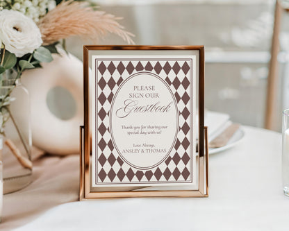 Brown Harlequin Pattern Guestbook Sign Template, Checkered Old Money Luxury Ceremony Black and White Wedding Reception WP1098