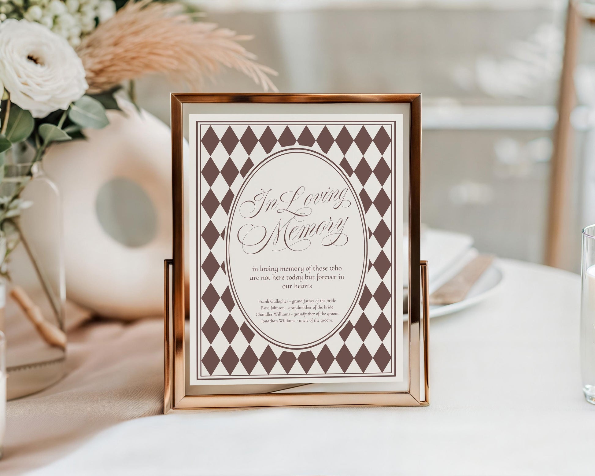 Brown Harlequin Pattern In Loving Memory Sign Template, Checkered Old Money Luxury Ceremony Black and White Wedding Reception WP1098