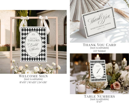 Black Harlequin Pattern Bridal Shower Template Bundle, Checkered Old Money Luxury Bridal Brunch WP1097