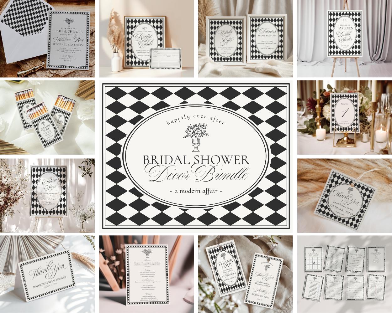 Black Harlequin Pattern Bridal Shower Template Bundle, Checkered Old Money Luxury Bridal Brunch WP1097