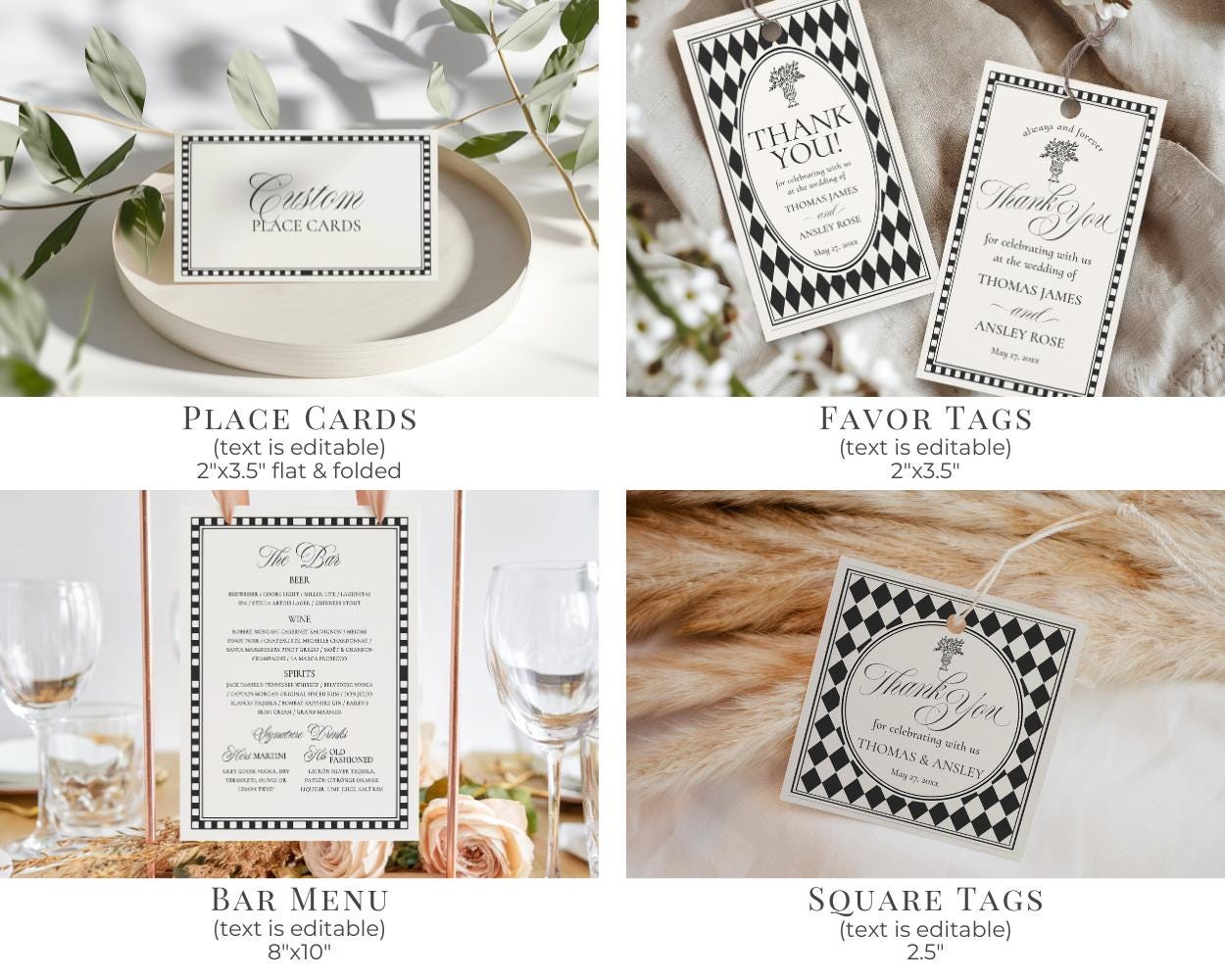 Black Harlequin Pattern Bridal Shower Template Bundle, Checkered Old Money Luxury Bridal Brunch WP1097