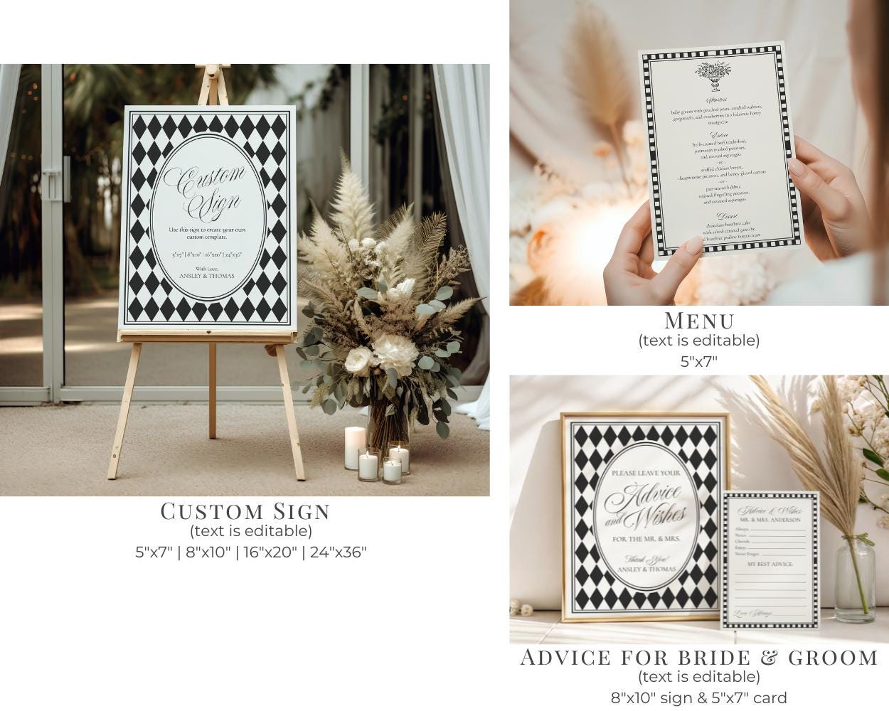 Black Harlequin Pattern Bridal Shower Template Bundle, Checkered Old Money Luxury Bridal Brunch WP1097