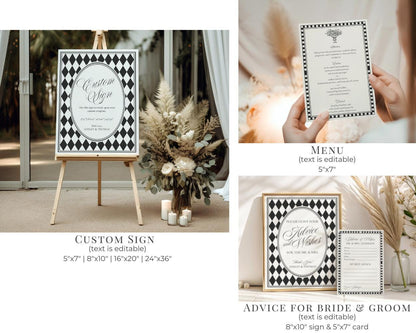 Black Harlequin Pattern Bridal Shower Template Bundle, Checkered Old Money Luxury Bridal Brunch WP1097