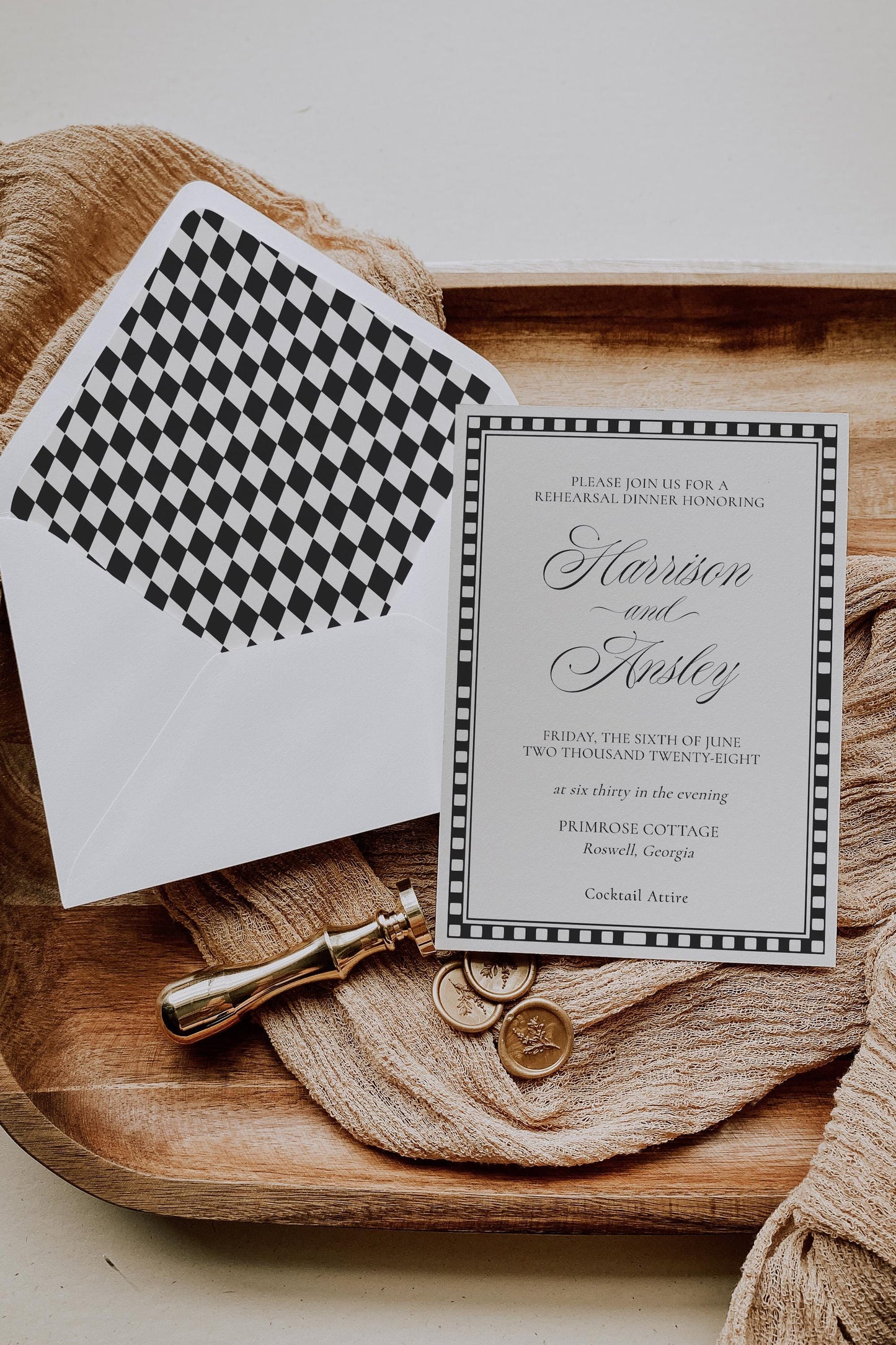 Black Harlequin Pattern Rehearsal Dinner Template Bundle, Checkered Old Money Luxury Night Before Party WP1097