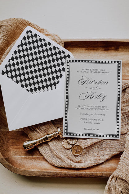 Black Harlequin Pattern Rehearsal Dinner Template Bundle, Checkered Old Money Luxury Night Before Party WP1097