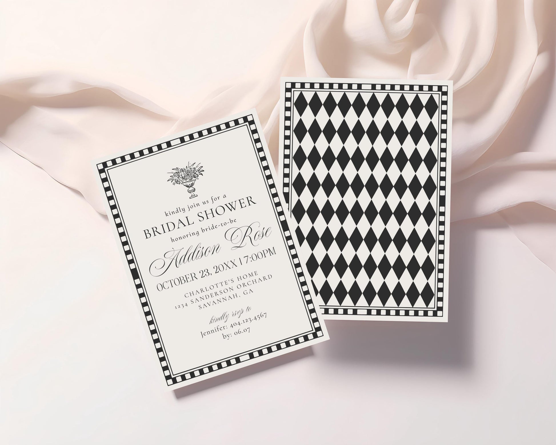 Black Harlequin Pattern Bridal Shower Template Bundle, Checkered Old Money Luxury Bridal Brunch WP1097