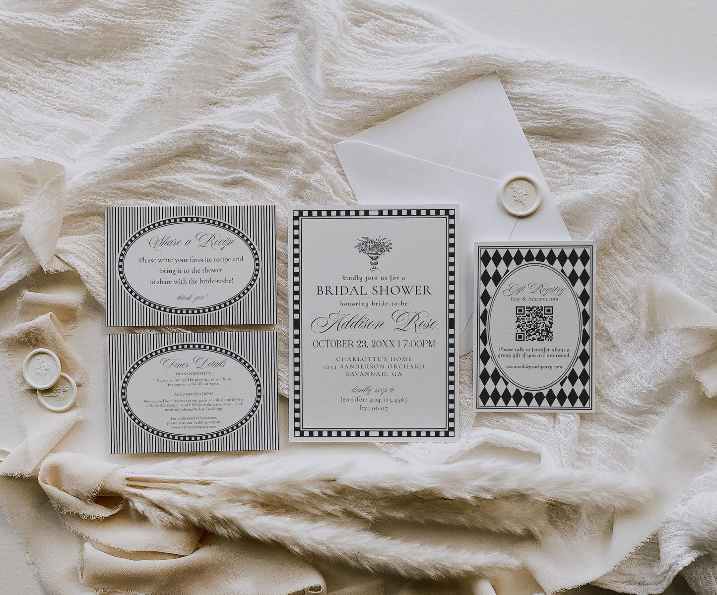 Black Harlequin Pattern Bridal Shower Template Bundle, Checkered Old Money Luxury Bridal Brunch WP1097