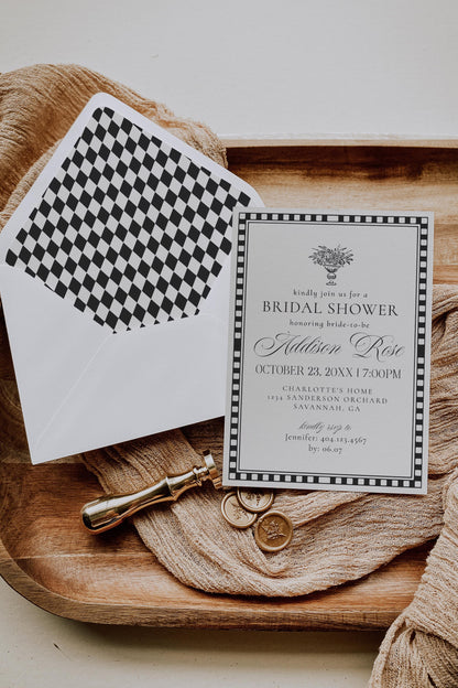 Black Harlequin Pattern Bridal Shower Template Bundle, Checkered Old Money Luxury Bridal Brunch WP1097