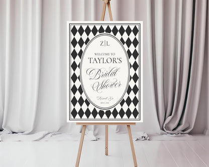 Black Harlequin Pattern Bridal Shower Template Bundle, Checkered Old Money Luxury Bridal Brunch WP1097