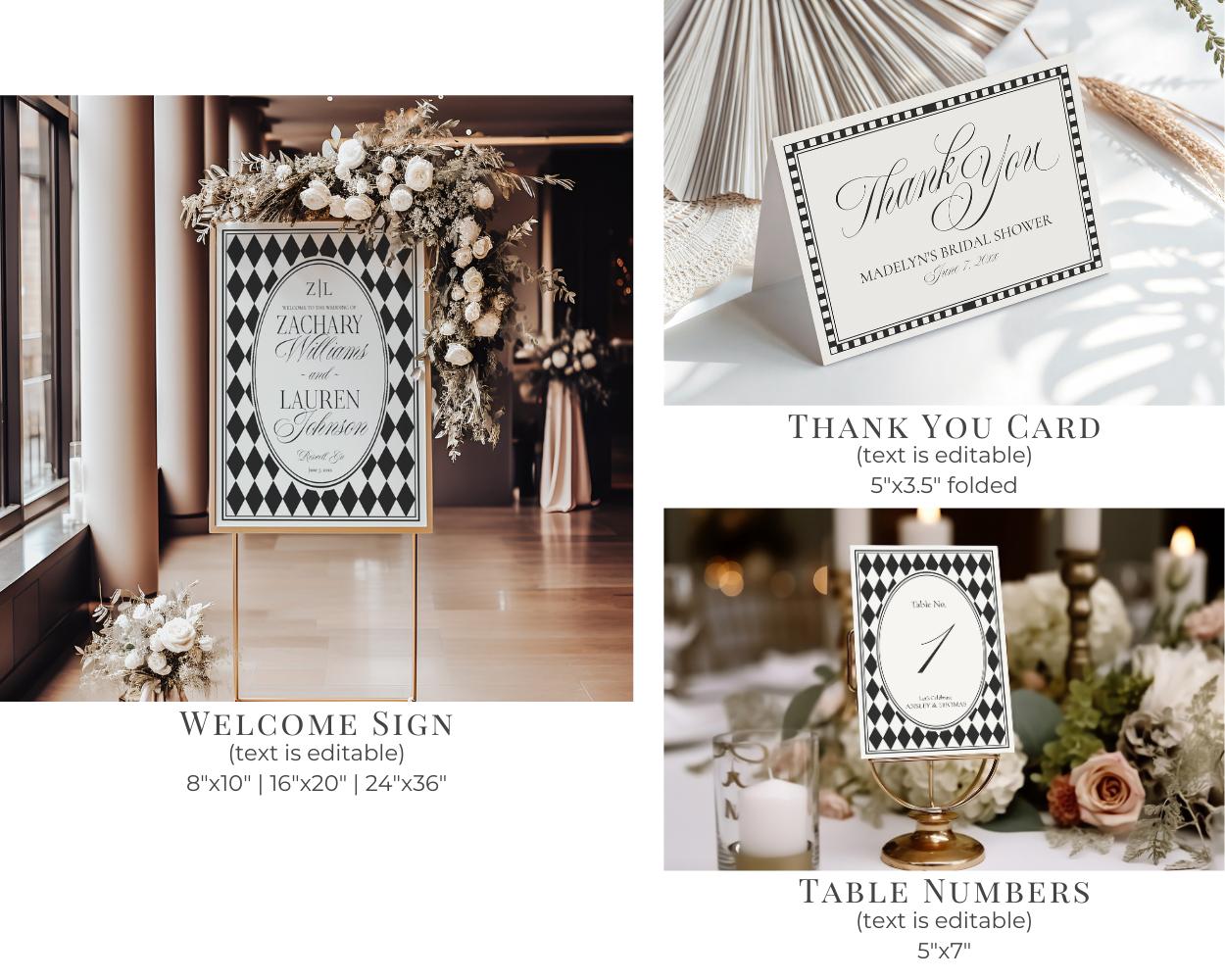 Black Harlequin Pattern Wedding Template Bundle, Checkered Old Money Luxury Ceremony Black and White Wedding Reception WP1097