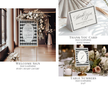 Black Harlequin Pattern Wedding Template Bundle, Checkered Old Money Luxury Ceremony Black and White Wedding Reception WP1097