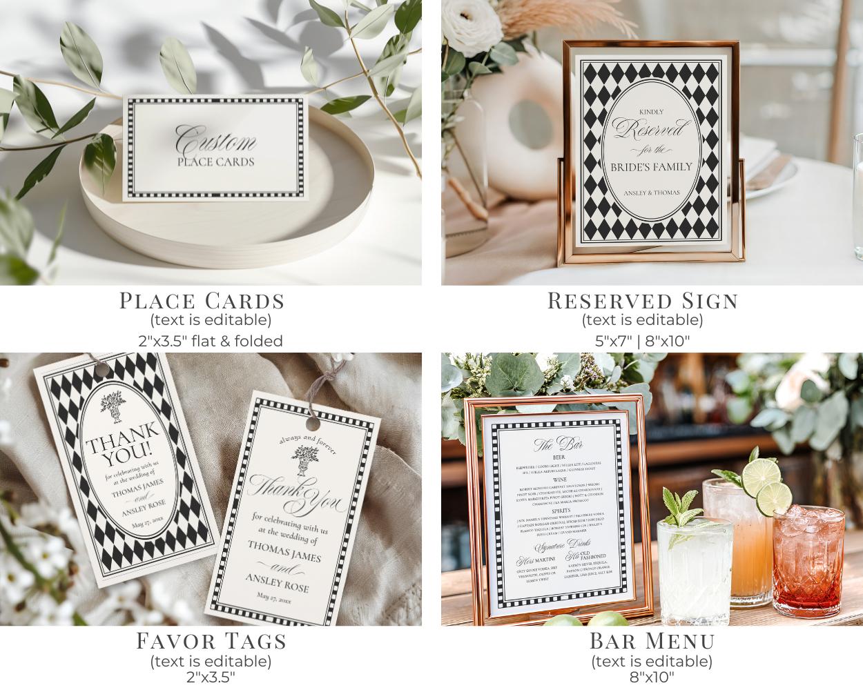Black Harlequin Pattern Wedding Template Bundle, Checkered Old Money Luxury Ceremony Black and White Wedding Reception WP1097