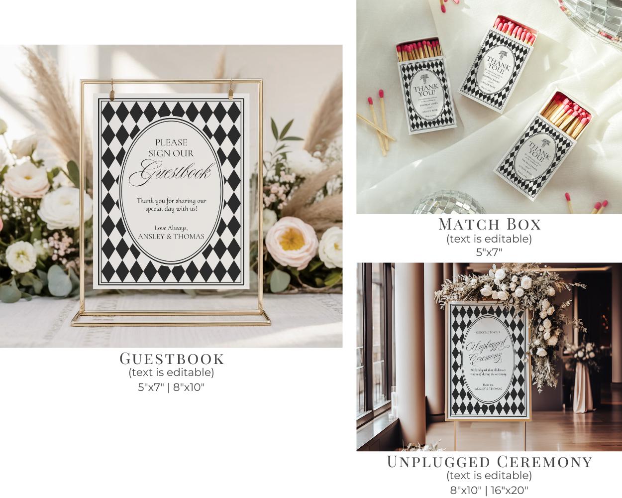 Black Harlequin Pattern Wedding Template Bundle, Checkered Old Money Luxury Ceremony Black and White Wedding Reception WP1097