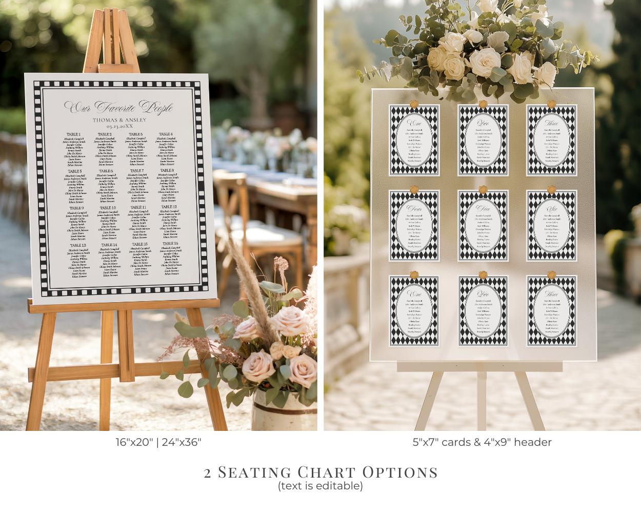 Black Harlequin Pattern Wedding Template Bundle, Checkered Old Money Luxury Ceremony Black and White Wedding Reception WP1097