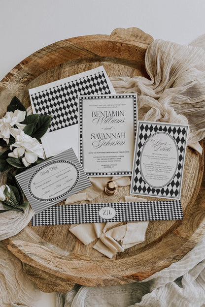 Black Harlequin Pattern Wedding Template Bundle, Checkered Old Money Luxury Ceremony Black and White Wedding Reception WP1097