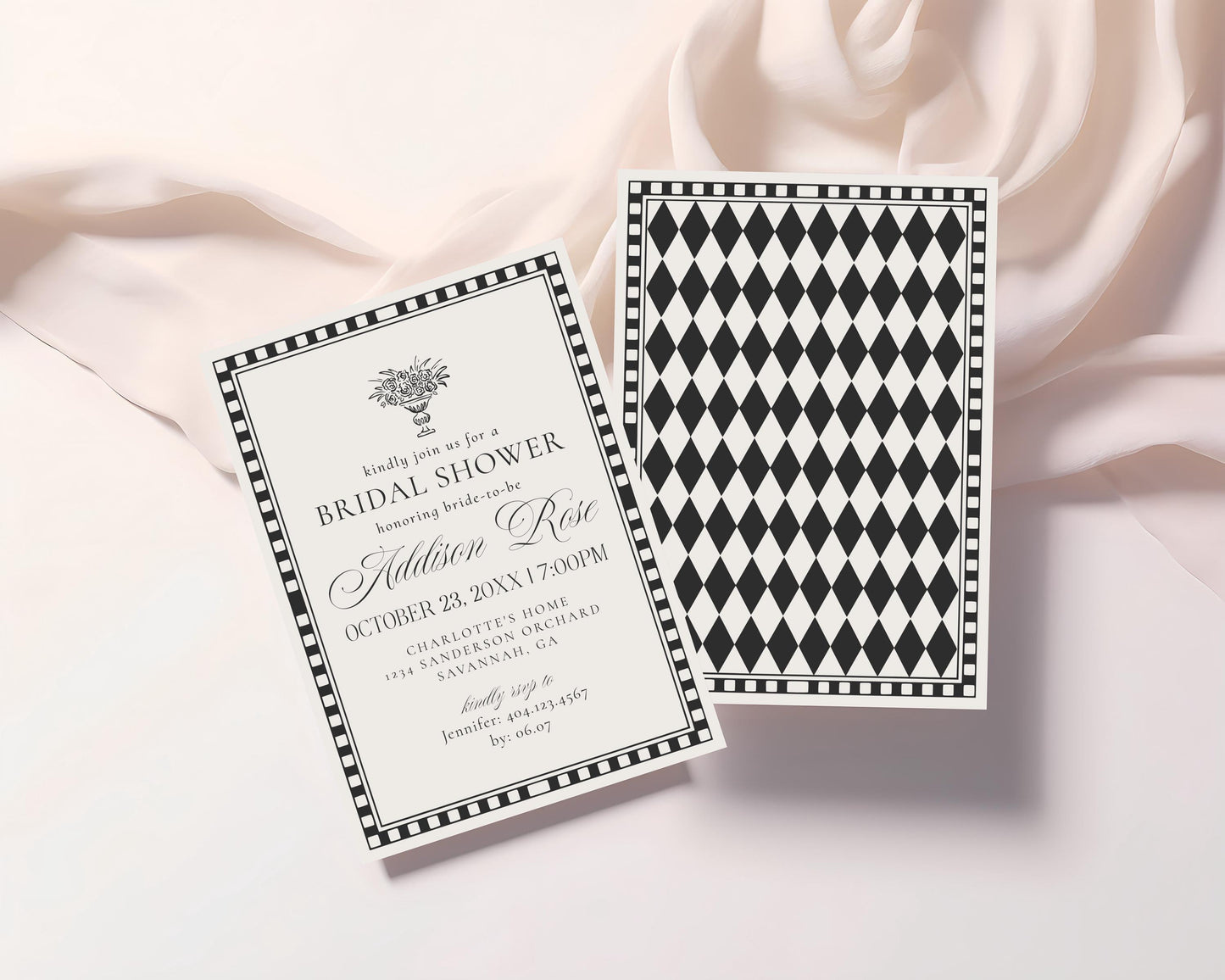Black Harlequin Pattern Bridal Shower Invitation Template, Checkered Old Money Luxury Bridal Brunch WP1097