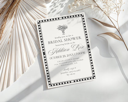 Black Harlequin Pattern Bridal Shower Invitation Template, Checkered Old Money Luxury Bridal Brunch WP1097