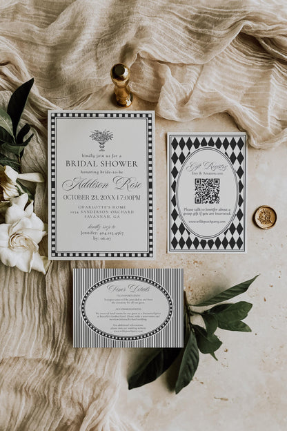 Black Harlequin Pattern Bridal Shower Invitation Template, Checkered Old Money Luxury Bridal Brunch WP1097