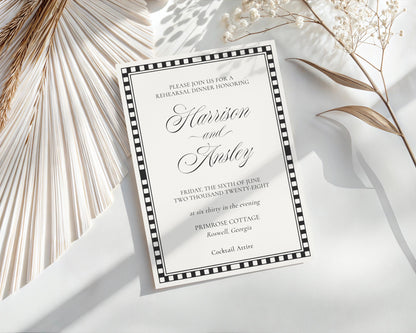 Black Harlequin Pattern Rehearsal Dinner Invite Template, Checkered Old Money Luxury Night Before Party WP1097