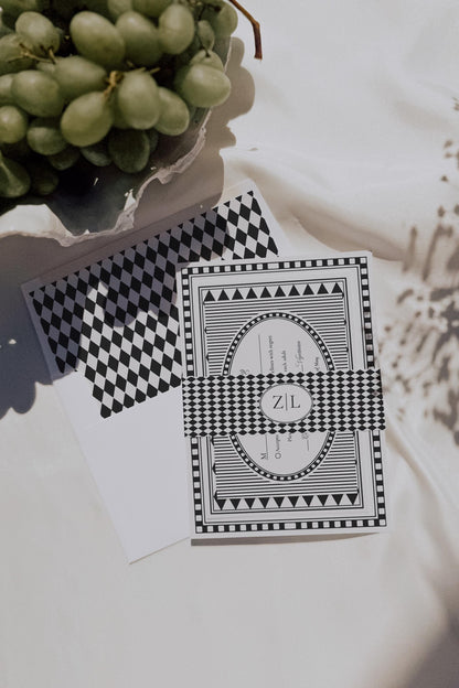 Black Harlequin Pattern Wedding Invitation Template, Checkered Old Money Luxury Ceremony Black and White Wedding Reception WP1097