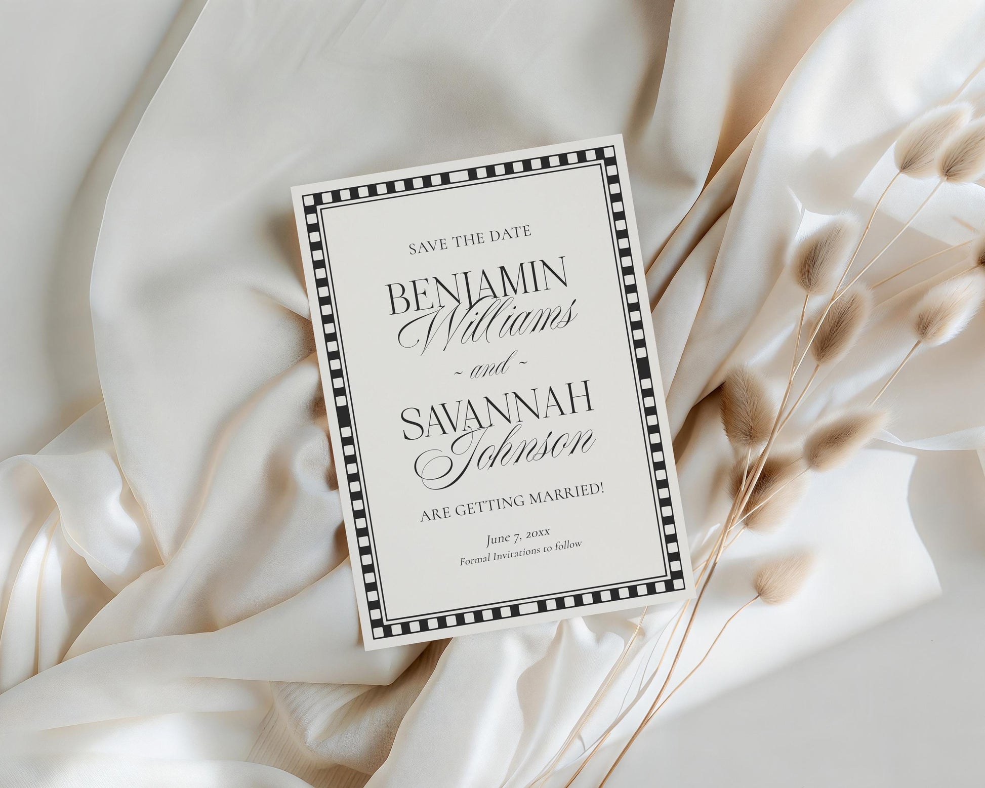 Black Harlequin Pattern Save the Date Template, Checkered Old Money Luxury Wedding Engagement Announcement WP1097