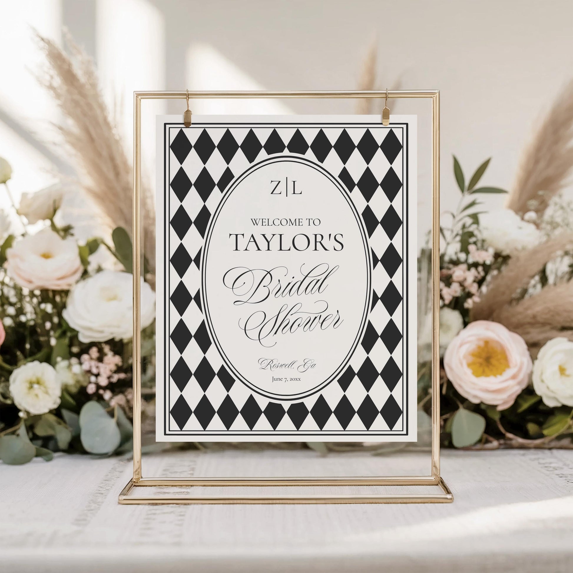 Black Harlequin Pattern Bridal Shower Welcome Sign Template, Checkered Old Money Luxury Bridal Brunch WP1097