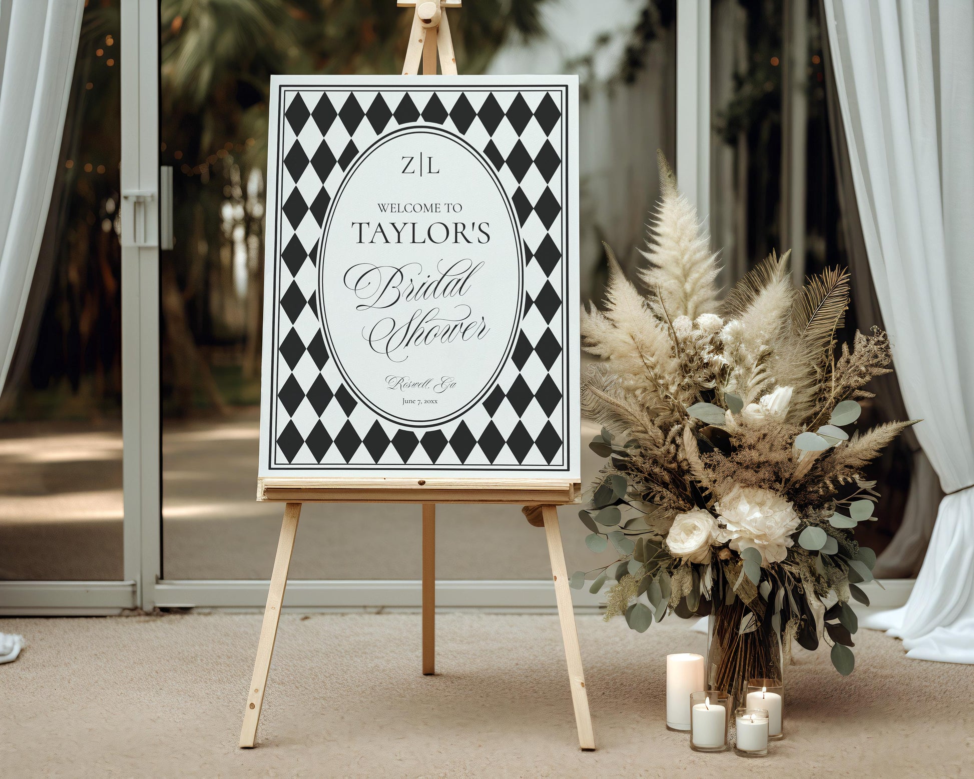 Black Harlequin Pattern Bridal Shower Welcome Sign Template, Checkered Old Money Luxury Bridal Brunch WP1097