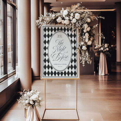 Black Harlequin Pattern Rehearsal Dinner Welcome Sign Template, Checkered Old Money Luxury Night Before Party WP1097