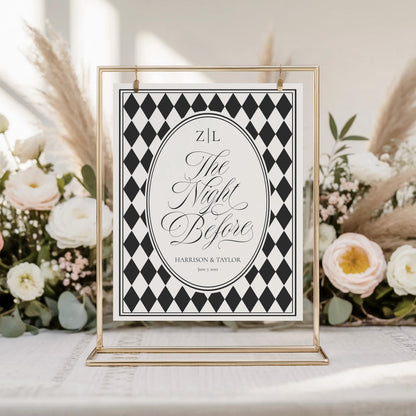 Black Harlequin Pattern Rehearsal Dinner Welcome Sign Template, Checkered Old Money Luxury Night Before Party WP1097