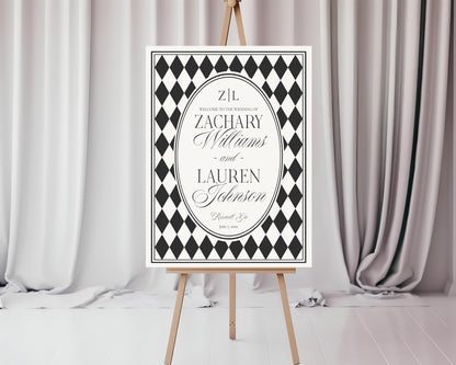 Black Harlequin Pattern Wedding Welcome Sign Template, Checkered Old Money Luxury Ceremony Black and White Wedding Reception WP1097