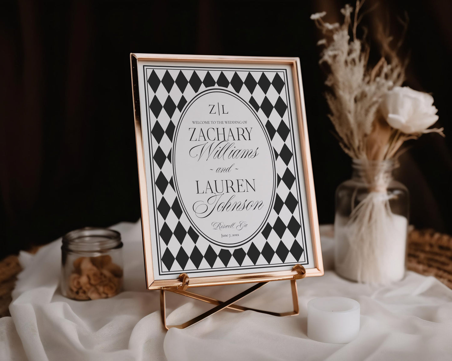 Black Harlequin Pattern Wedding Welcome Sign Template, Checkered Old Money Luxury Ceremony Black and White Wedding Reception WP1097