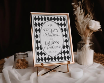 Black Harlequin Pattern Wedding Welcome Sign Template, Checkered Old Money Luxury Ceremony Black and White Wedding Reception WP1097