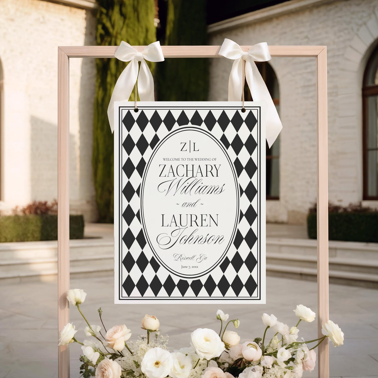 Black Harlequin Pattern Wedding Welcome Sign Template, Checkered Old Money Luxury Ceremony Black and White Wedding Reception WP1097