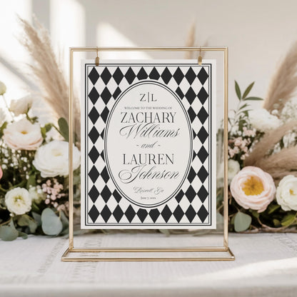 Black Harlequin Pattern Wedding Welcome Sign Template, Checkered Old Money Luxury Ceremony Black and White Wedding Reception WP1097