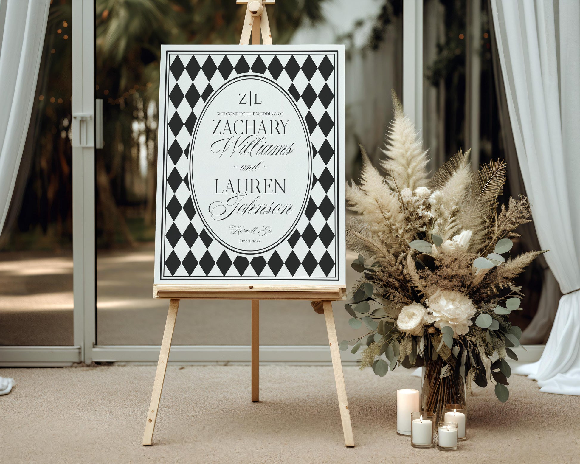Black Harlequin Pattern Wedding Welcome Sign Template, Checkered Old Money Luxury Ceremony Black and White Wedding Reception WP1097