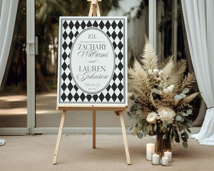Black Harlequin Pattern Wedding Welcome Sign Template, Checkered Old Money Luxury Ceremony Black and White Wedding Reception WP1097