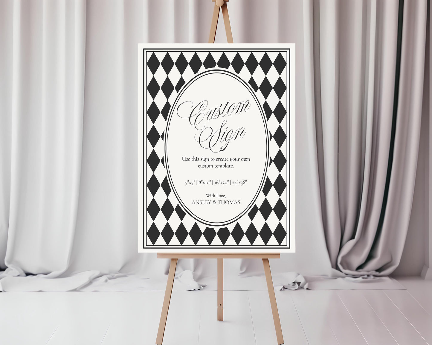 Black Harlequin Pattern Custom Sign Template, Checkered Old Money Luxury Night Before Bridal Shower, Timeless Wedding Decor WP1097