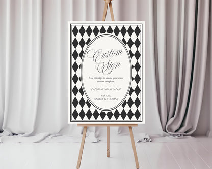Black Harlequin Pattern Custom Sign Template, Checkered Old Money Luxury Night Before Bridal Shower, Timeless Wedding Decor WP1097
