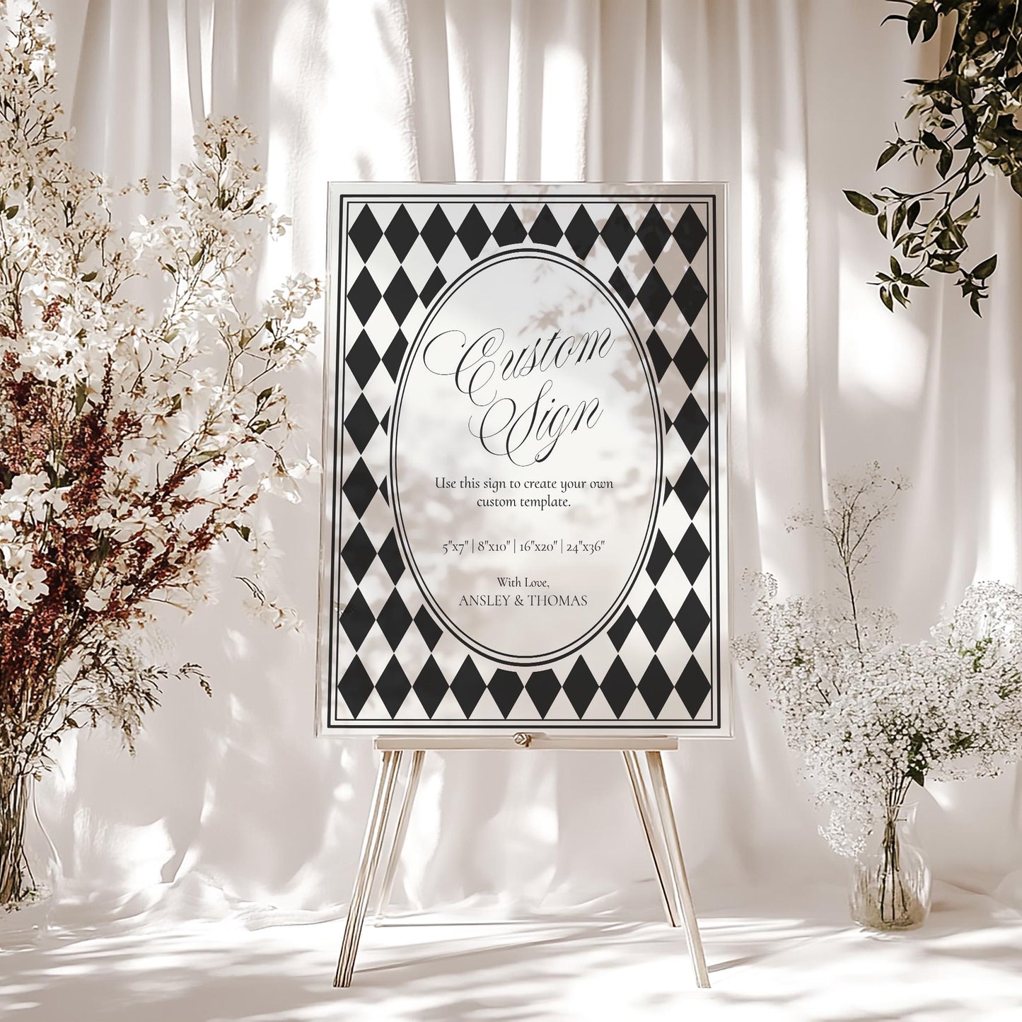 Black Harlequin Pattern Custom Sign Template, Checkered Old Money Luxury Night Before Bridal Shower, Timeless Wedding Decor WP1097