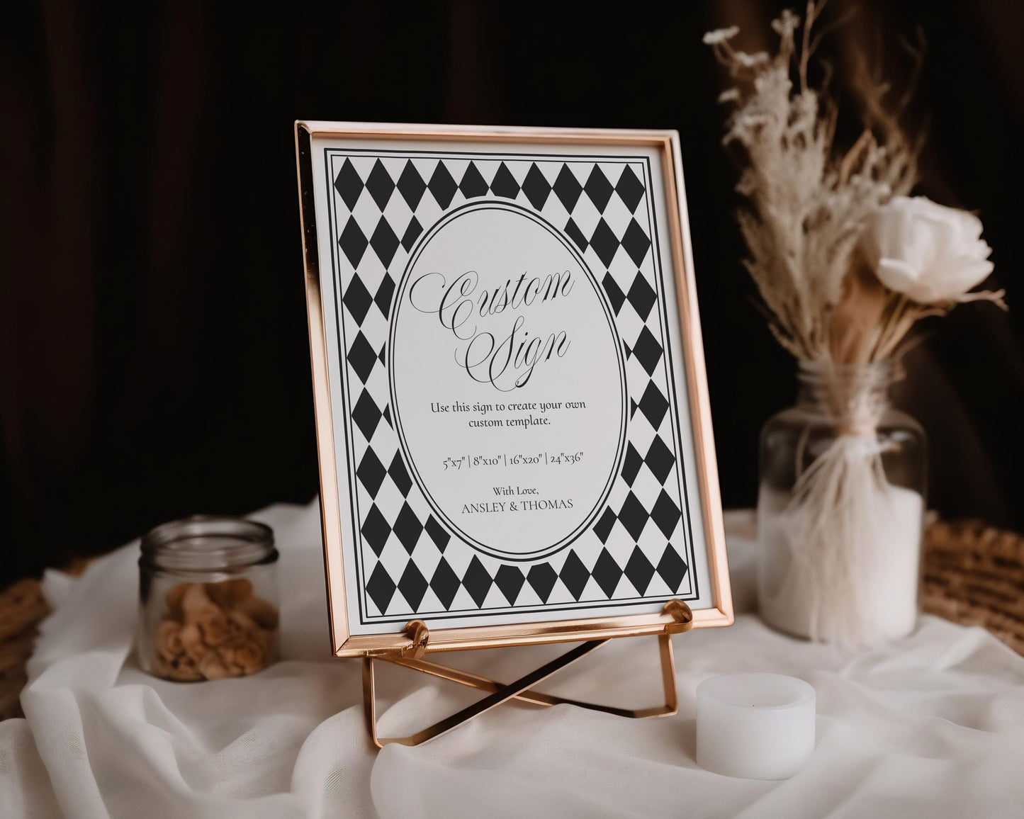 Black Harlequin Pattern Custom Sign Template, Checkered Old Money Luxury Night Before Bridal Shower, Timeless Wedding Decor WP1097