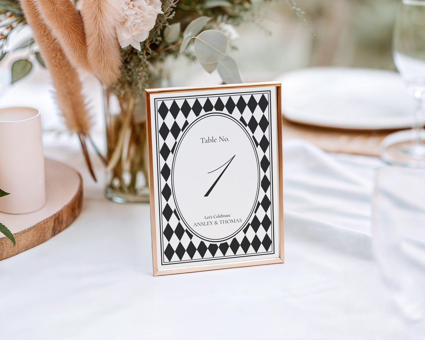 Black Harlequin Pattern Table Numbers Template, Checkered Old Money Luxury Night Before Bridal Shower, Timeless Wedding Decor WP1097