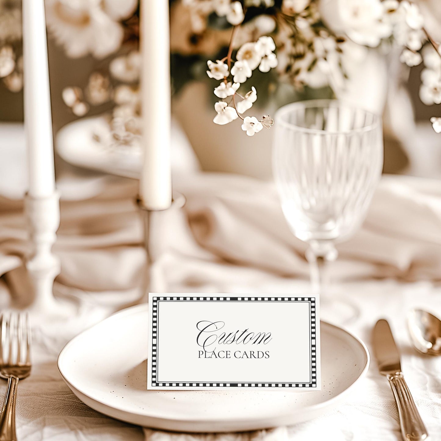 Black Harlequin Pattern Place Cards Template, Checkered Old Money Luxury Ceremony Black and White Wedding Reception WP1097