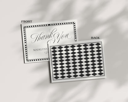 Black Harlequin Pattern Thank You Card Template, Checkered Old Money Luxury Night Before Bridal Shower, Timeless Wedding Decor WP1097