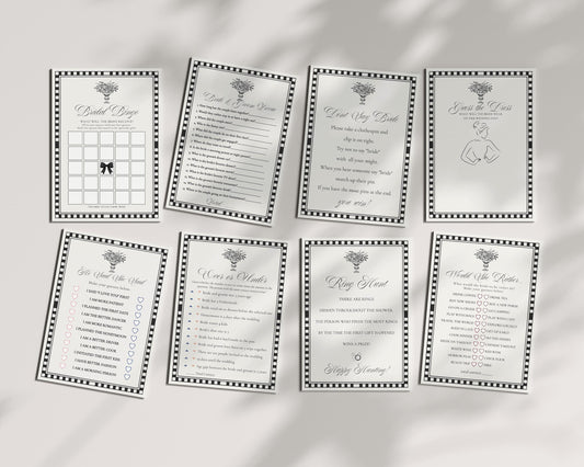 Black Harlequin Pattern Bridal Shower Games Template, Checkered Old Money Luxury Bridal Brunch WP1097