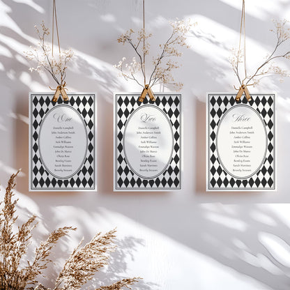 Black Harlequin Pattern Seating Chart Cards Template, Checkered Old Money Luxury Night Before Bridal Shower, Timeless Wedding Decor WP1097