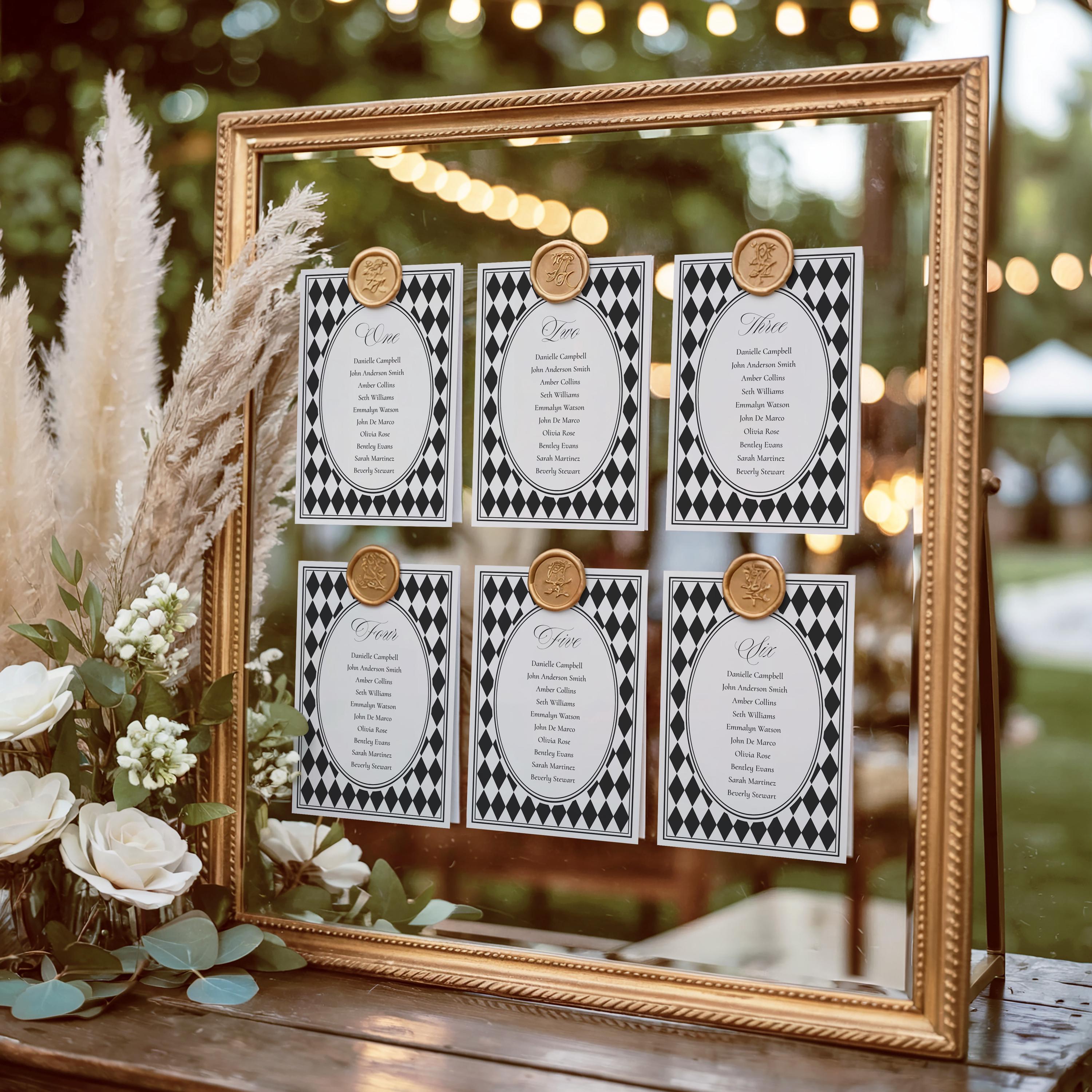 Black Harlequin Pattern Seating Chart Cards Template, Checkered Old Money Luxury Night Before Bridal Shower, Timeless Wedding Decor WP1097