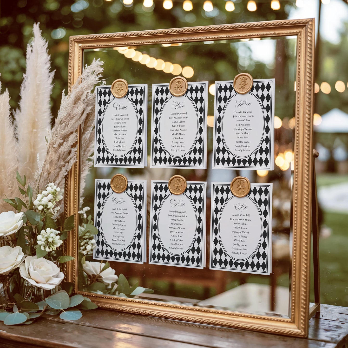 Black Harlequin Pattern Seating Chart Cards Template, Checkered Old Money Luxury Night Before Bridal Shower, Timeless Wedding Decor WP1097